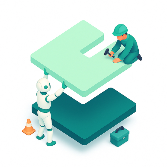 A construction worker and AI robot collaborating on a building model